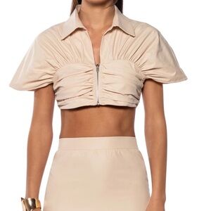 AKIRA The Sun Zip Up Flounce Crop Top Beige Ruched Small